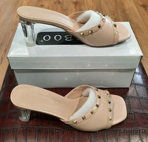 BAMBOO LUCENT-06 Nude Sparkle Chunky Clear Block Heel Slip On Mule Sandals Sz 8